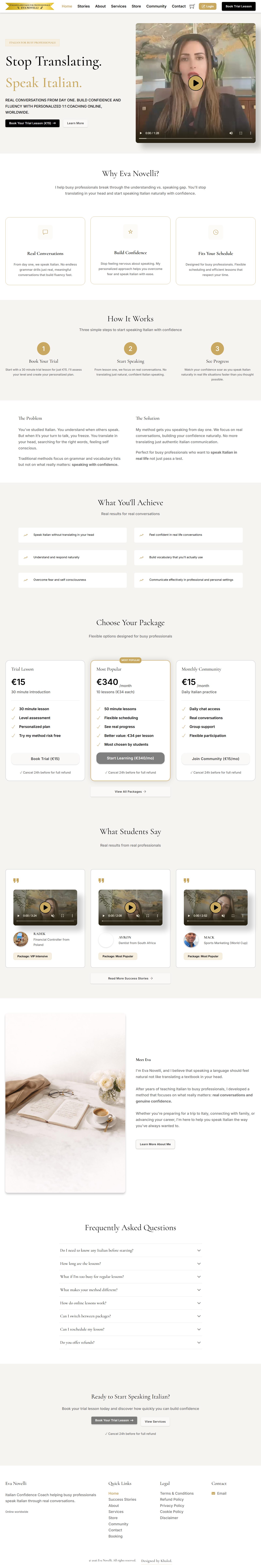 Eva Italian Academy website full-page view