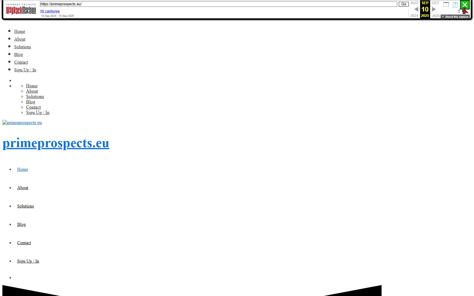 PrimeProspects.eu home page as archived in the Wayback Machine